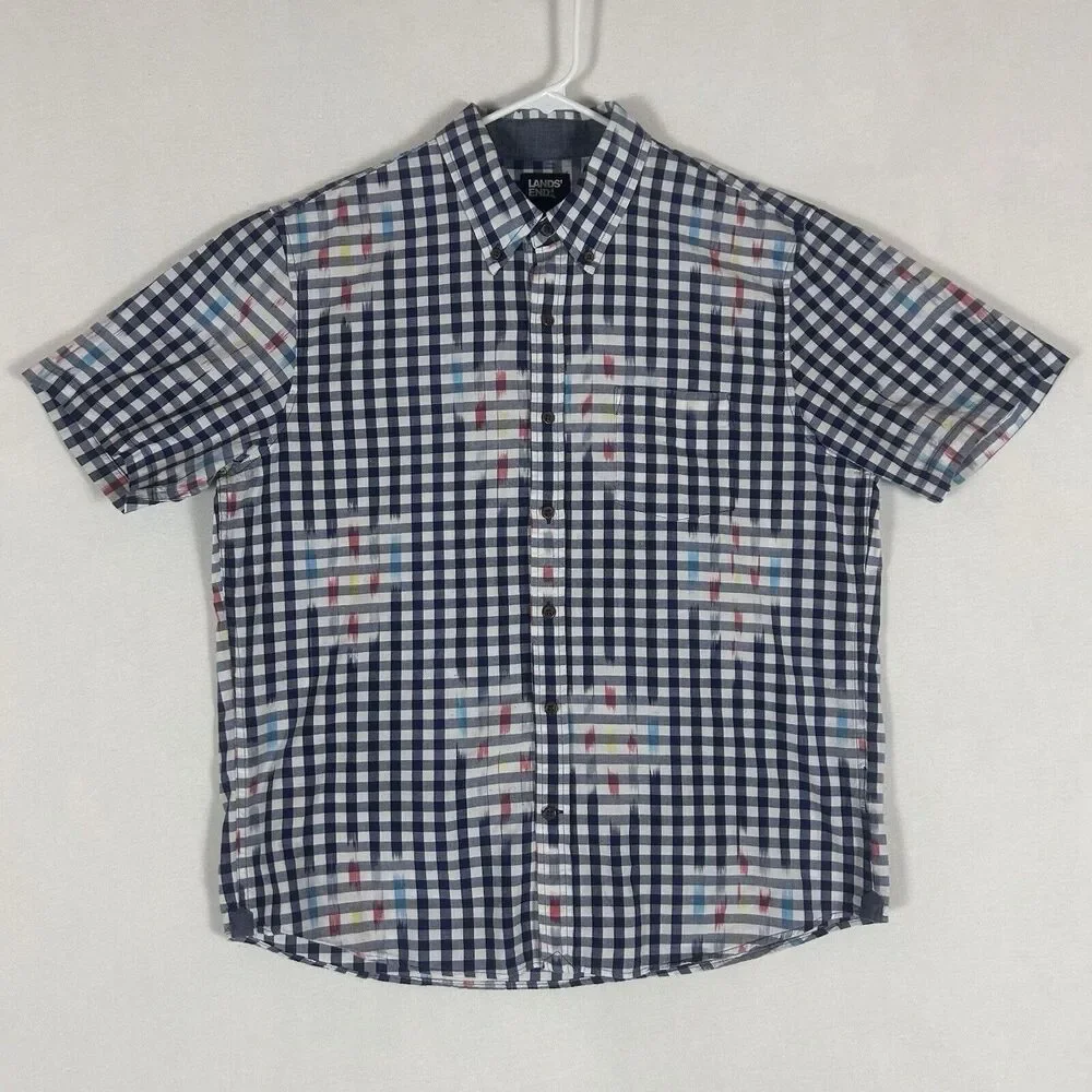 Lands' End Button Down Shirt Men's Large Blue Gingham Plaid Short Sleeve Casual